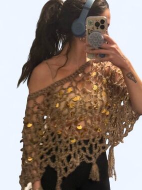 Boho Crochet Sequin Poncho - Brown and Gold Sequins Y2K